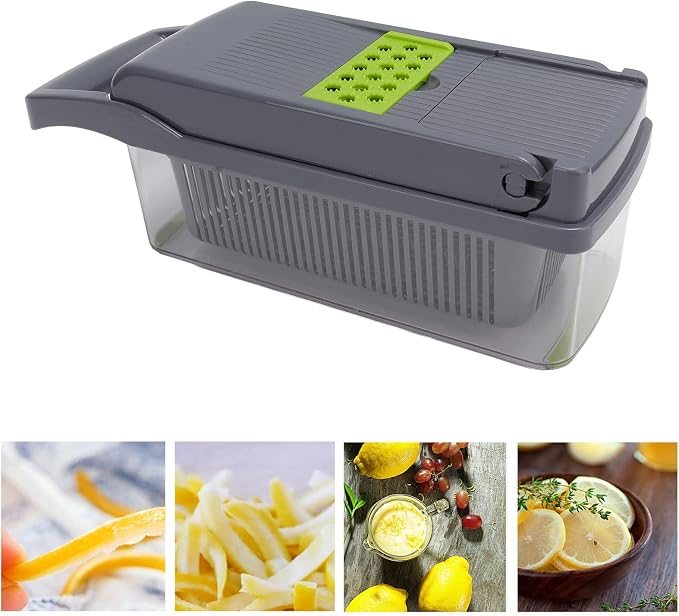 Vegetable Cutter Peeler Chopper Grater, Stainless Steel Kitchen Tool with Anti - Slip Handle and Blade Container for Potato Carrot Onion, 12 - Piece Set for Home (Grey Green)