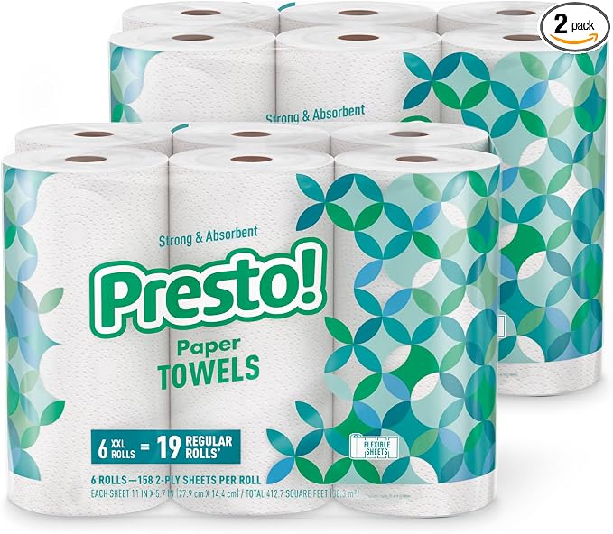 Amazon Brand - Presto! Ultra-Strong Premium Paper Towels, 158 Sheet Huge Roll - Flex-a-Size, 12 Rolls (2 Packs of 6), Equivalent to 38 Regular Rolls, White