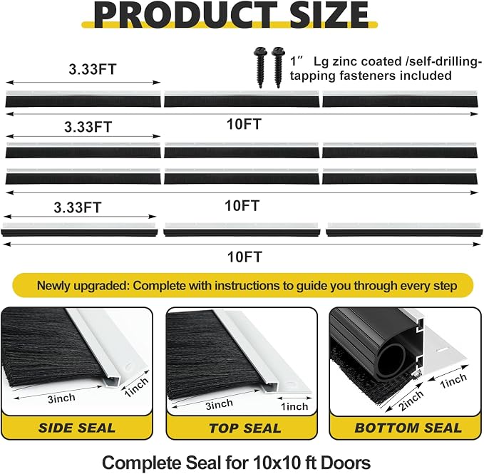 DoubleFill 10 x 10 ft Complete Garage Brush Seal Kit, 3'' Roll up Door Seal and U and O Shape Universal Garage Door Seals Bottom Rubber with Brush and Aluminum Track Weatherproof for Warehouse