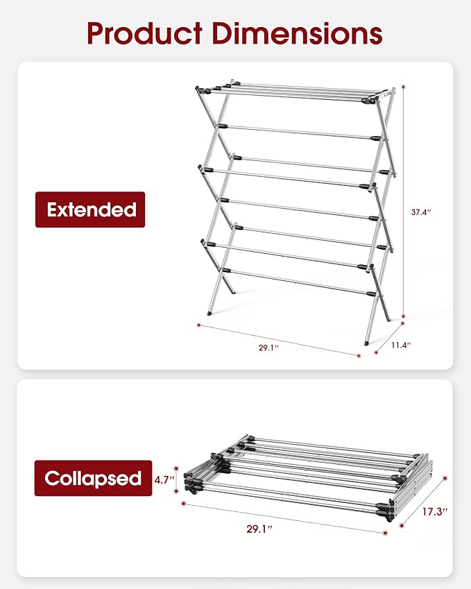 Sakugi Foldable 3-Tier Clothes Drying Rack 37.4" H with Non-Slip Feet | Indoor & Outdoor Use, Space Saving, Metal Frame, 11.4" D x 29.1" W, Silver