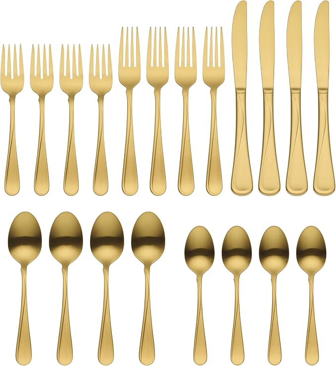 Oneida Gold Silverware Set, Flight Gold Satin 20 Piece Flatware Set, Service For 4, 18/0 Stainless Steel, Dishwasher Safe, Flatware Cutlery Sets, Utensils, Knives Spoons and Forks (Golden, 20 Pieces)