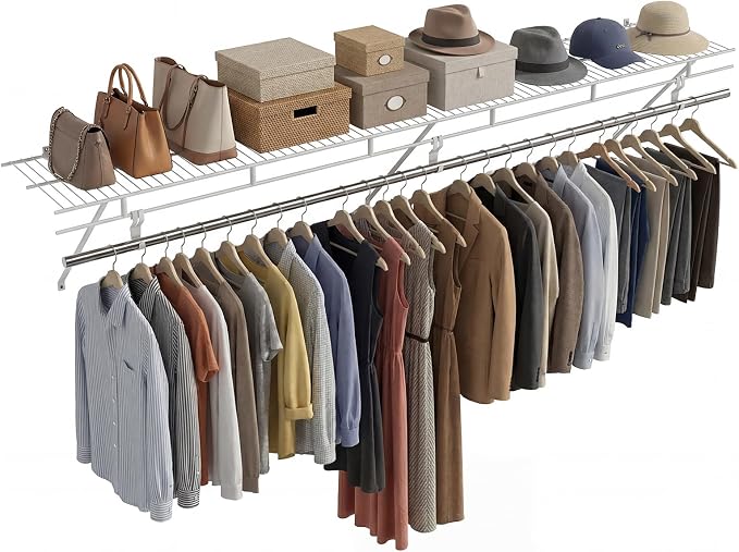 COSTWAY Closet Shelves Wall Mounted, Ventilated Shelf with Hanging Rod | Metal Wire Shelving Kit, Wire Wall Shelf for Laundry Room, Bedroom, Home, Mounting Accessories Included (6 ft x 12 in)