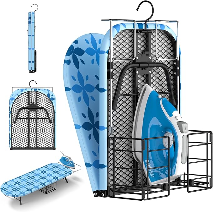 Small Ironing Board Tabletop with Iron Holder, Foldable Mini Iron Board with Iron Rest, Hook for Wall/Door Hanging, Dirt & Heat Resistant Cover, Portable for Home Apartment Travel Laundry Room Sewing
