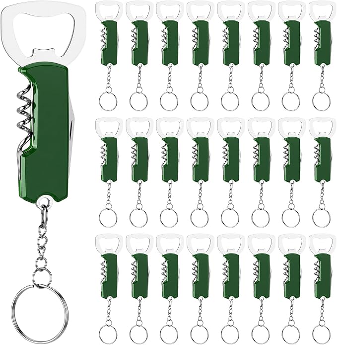 Ziliny 24 Pcs Bottle Opener Keychain Bulk Wine Bottle Beer Opener Keychain 3.27" Stainless Steel Corkscrew Waiter Corkscrew Wine Keyring Gifts for Christmas Bar Party Wedding Home (Green)
