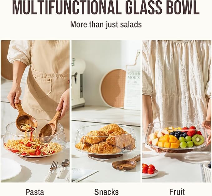 SoulTimes 4.7Qt Extra Large Glass Salad Bowl Set - Party Salad Bowls with Wood Base & Serving Utensils for Fruits, Pasta, etc. Clear Glass Bowl Set - Elegant Holiday Gift Choices
