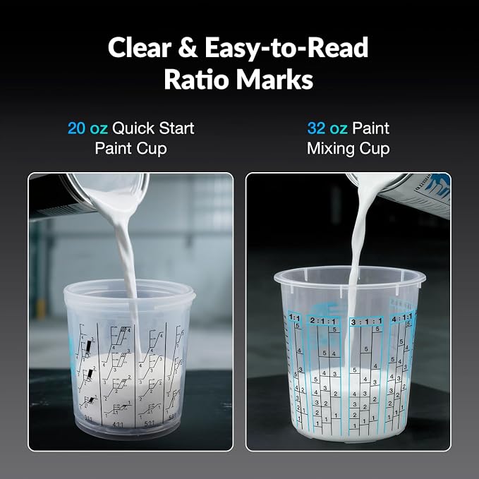 YUZES Disposable Paint Cups 20 oz, 40-Pack Paint Cups with Lids 125-Micron | 2 Paint Mixing Cups 32oz, 2 Hard Cups & 2 Adapters for LVLP / HVLP Spray Gun 360° Spray & Less Cleanup