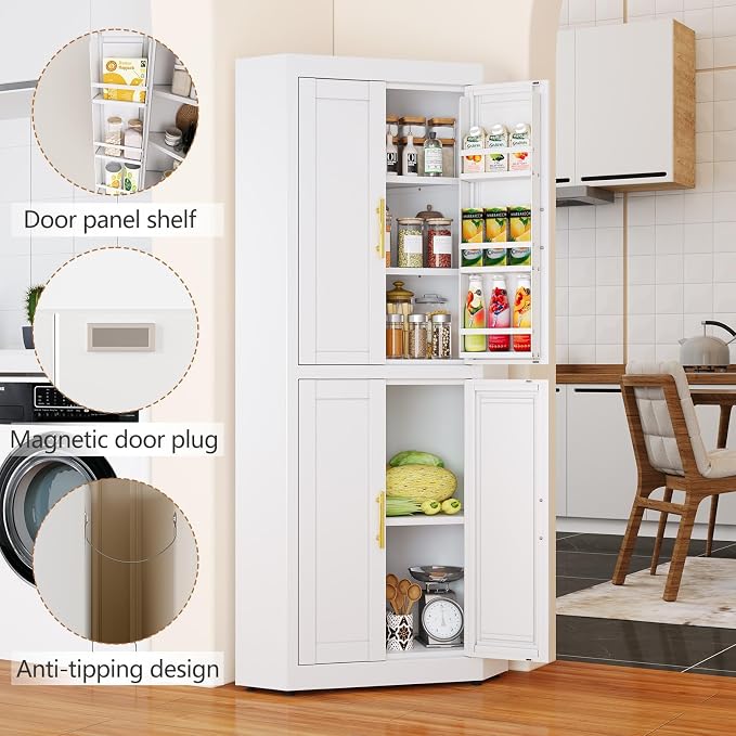 GAIOUS 63" Metal Corner Kitchen Pantry Cabinet, Kitchen Food Cabinets White | Tall Steel Storage Cabinet with 4 Doors and 3 Shelves, Farmhouse Cupboard with 6 Door Panel Shelves, for Dining Hallways