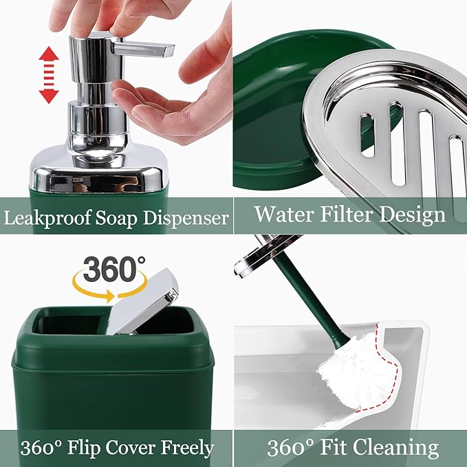 XLHOMO Bathroom Set, 9PC Bathroom Accessory Set, Green Bathroom Accessories, Green Bathroom Set, Trash Can, Soap Dispenser for Home Decor