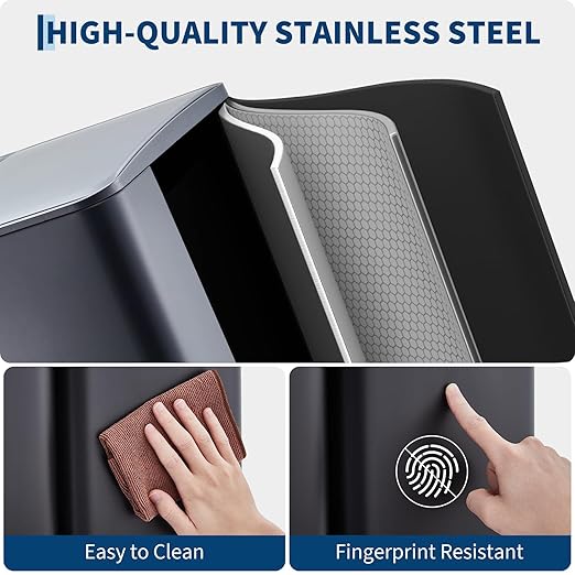 16 Gal Recycle Bins for Kitchen, Triple Compartment Garbage Can with Lid, Stainless Steel Trash and Recycling Bin Combo with Inner Bucket & Foldable Foot Pedal for Home Office, Black