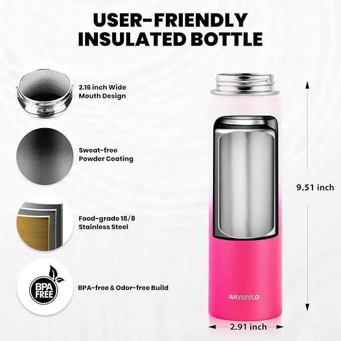RAYMYLO Insulated Water Bottle 20 oz, Triple Wall Vacuum Stainless Steel (Cold for 24Hrs, Hot for 12Hrs), Leak Proof & Non-BPA, Modern Water Bottle Jug for School with Straw Spout Lids