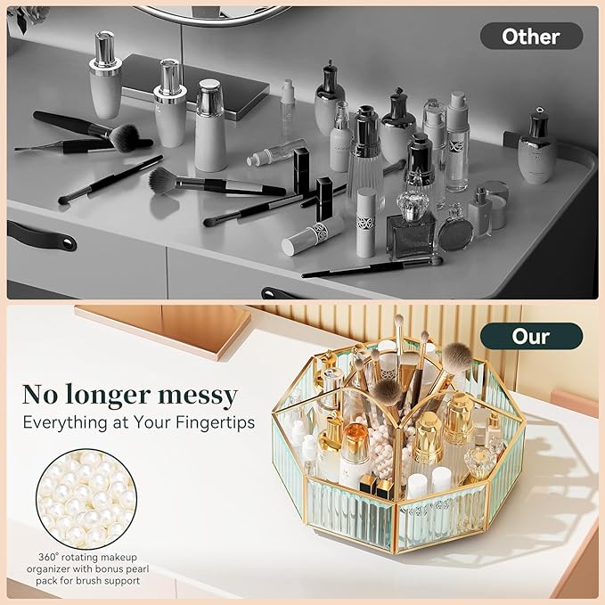 CoralHouse 360° Rotating Makeup Organizer Spinning Vanity Organizer with Makeup Brush Holder for Countertop, Bathroom Storage, Skincare, Perfume & Cosmetic Organizer for Vanity