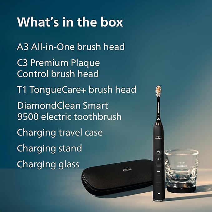 Philips Sonicare DiamondClean Smart 9500 Electric Toothbrush - Sonic Toothbrush with App, Pressure Sensor, 15 Brushing Settings, Replacement Reminder, USB Charging Travel Case, Black, Model HX9923/11