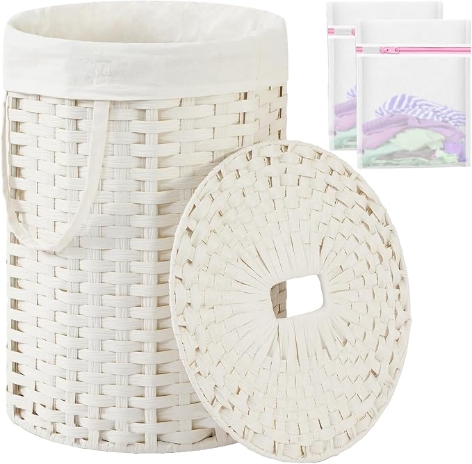 SETVSON Laundry Hamper with Lid Round Laundry Basket 23.8 Gal White | The lid hides dirty clothes, keeping spaces neat and fresh. 90 L Large Capacity, Stylish Design with Handles Easy Transport