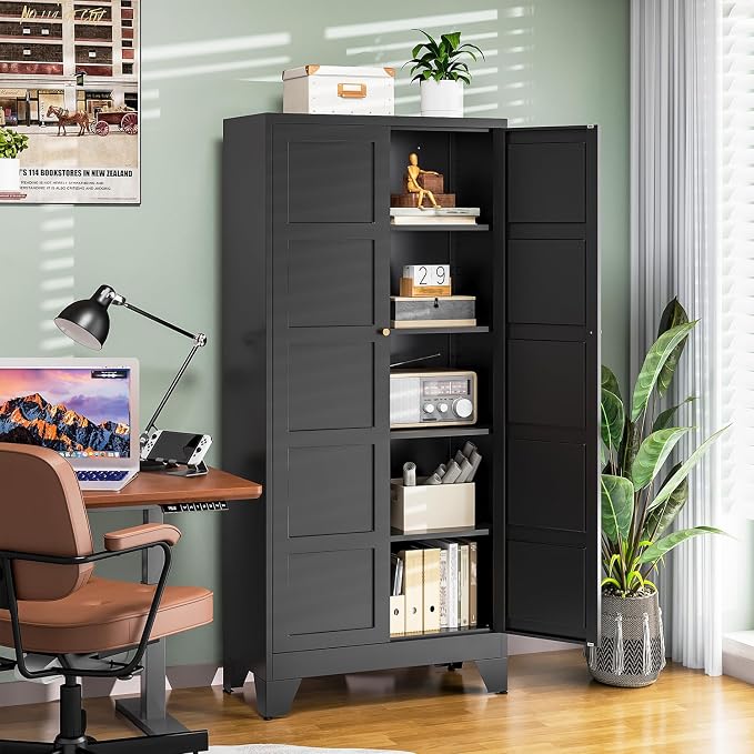 71" H Metal Storage Cabinet with 2 Doors and 4 Shelves,Tall Kitchen Pantry Cabinets,Utility Pantry Organizers for Cupboard/Dining/Bathroom/Home Office/Garage (Black, 71" H x 16" D x 32" W)