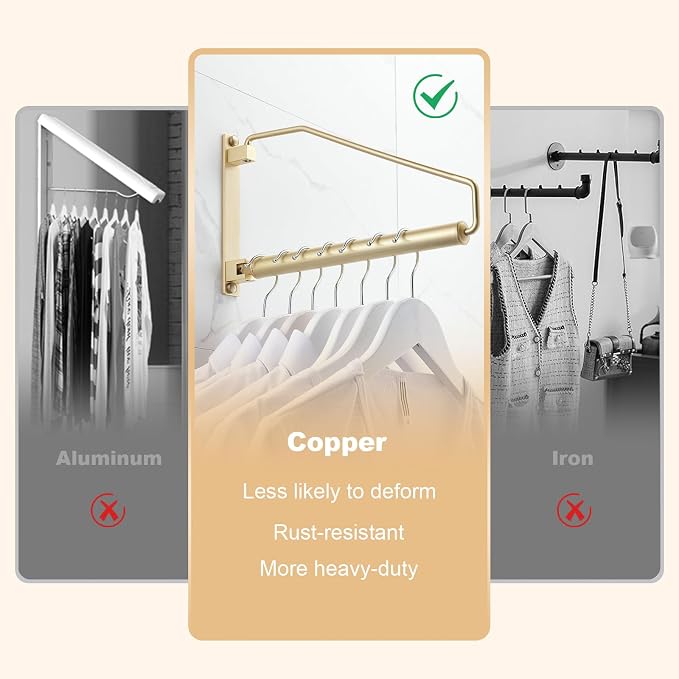 Folding Clothes Hanger Gold Brushed Drying Clothes Rack Wall-Mounted Space Saver for Laundry Room Closet, Brass, 12 Inch