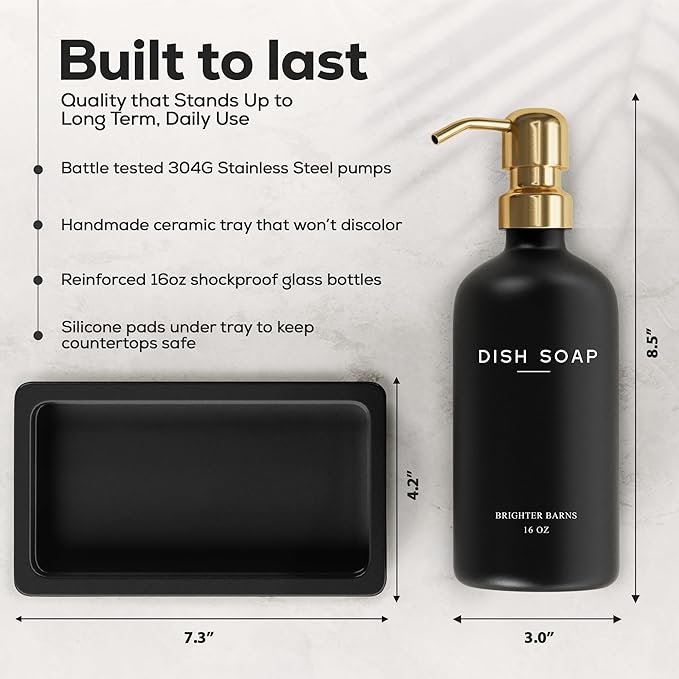 Luxury Glass Hand and Dish Soap Dispenser Set by Brighter Barns - Black and Gold Soap Dispenser Set for Kitchen Sink - Modern Kitchen Decor and Accessories for Restaurant, Airbnb, Gift (Black/Gold)