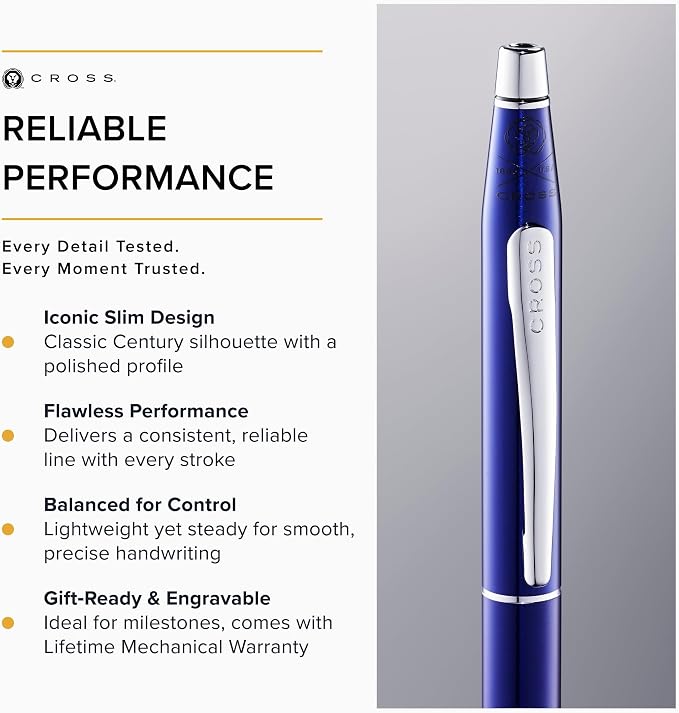 Cross Classic Century Translucent Blue Lacquer Ballpoint Pen - Refillable Pen for Effortless Writing - Black Ink - Durable Construction - Premier Distinctive Look - Gift-Ready