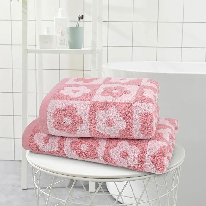 2-Pieces Luxury Bath Towels Checkered Floral, Pink Towels for Women Girls | Shower Body Towel 27.5x55 Inches, Bathroom Decor & Pool Days, Cotton