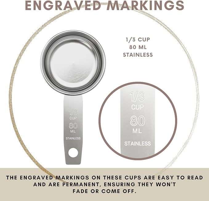 1/3 Cup Stainless Steel Measuring Cup | Sturdy Metal 80 ml | 80 cc | 3 oz | Single Cup for Wet and Dry Ingredients | Great for use as 1/3 Cup Dog Food Scoop - 12 PK
