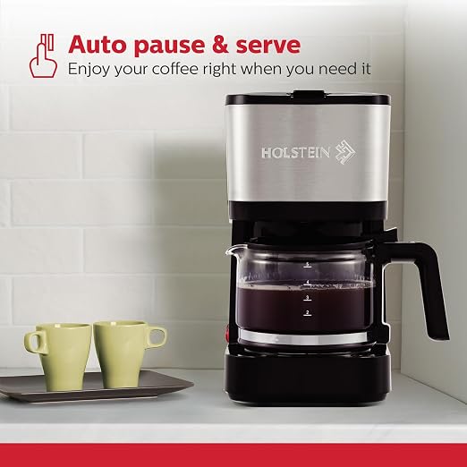 Holstein Housewares 5 Cup Coffee Maker – Compact Drip Coffee Machine with Auto Pause & Serve, Reusable Filter, Glass Carafe, Water Window & Warming Plate, Black