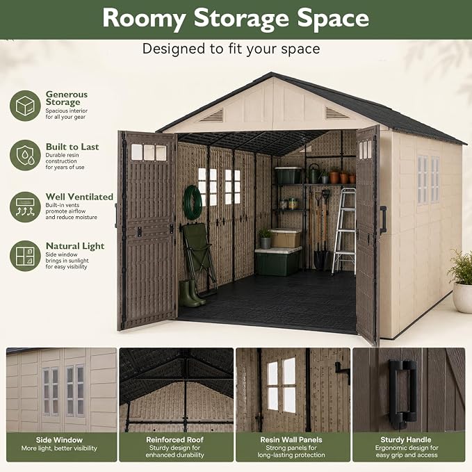 Aoxun 8x12 Ft Outdoor Storage Shed with Floor, Large Resin Outdoor Shed with Lockable Door & Windows, Garden HDPE Sheds for Lawn Tools, Pool Supplies & Bikes
