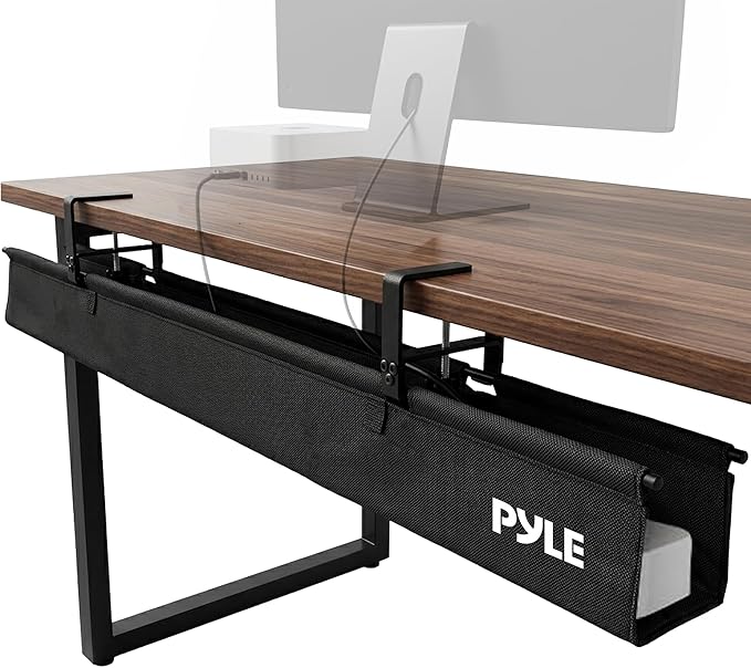 Pyle 36" Under Desk Cable Management Tray, Under Desk Wire Organizer with Clamp or Screw Mount, Desk Cable Organizer with Fabric Design for Large Workstations, Built-in Ties, 20 lb Capacity, Black