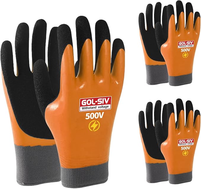 Electrical Insulated Gloves, 500V High Voltage Resistance Electrician Safety Gloves, Rubber Non Slip Work Gloves, Double Insulated, 3pcs-Large
