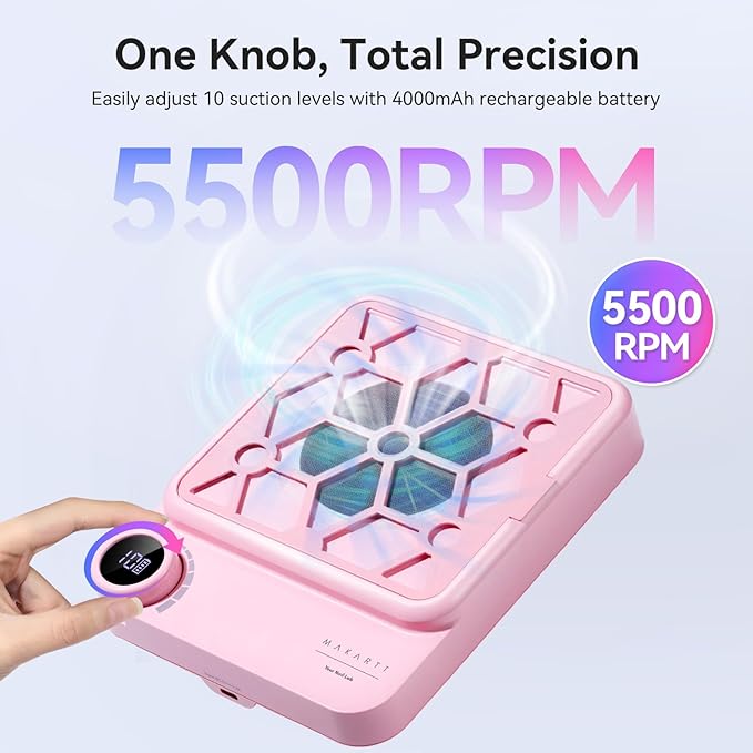 Makartt Compact Rechargeable Nail Dust Collector - 5500RPM Dust Collector Nail Tech ERYNOS Adjustable Speed,Quiet for Polishing Cuticle Manicure Salon&Home Use With 10pcs Filters&Dust Brush White