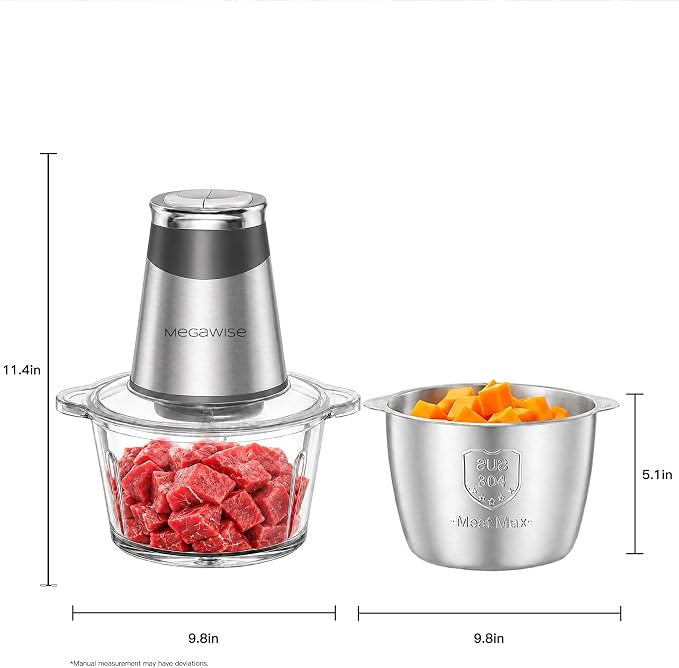 MEGAWISE Food Processor, 800W Electric Meat Grinder, 1.8L Stainless Steel Bowl & 1.8L Glass Bowl, Dual Speed Modes for Meat, Onion, Vegetables, Nuts, Fruits, Baby Food