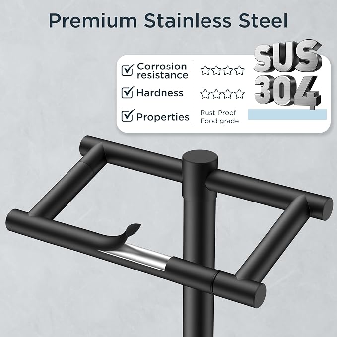 FORIOUS Toilet Paper Holder Wall Mount, Stainless Steel Rustproof Double Post Pivoting Tissue Roll Holder for Bathroom, Commercial Toilet Paper Dispenser Toilet Paper Stand, Matte Black
