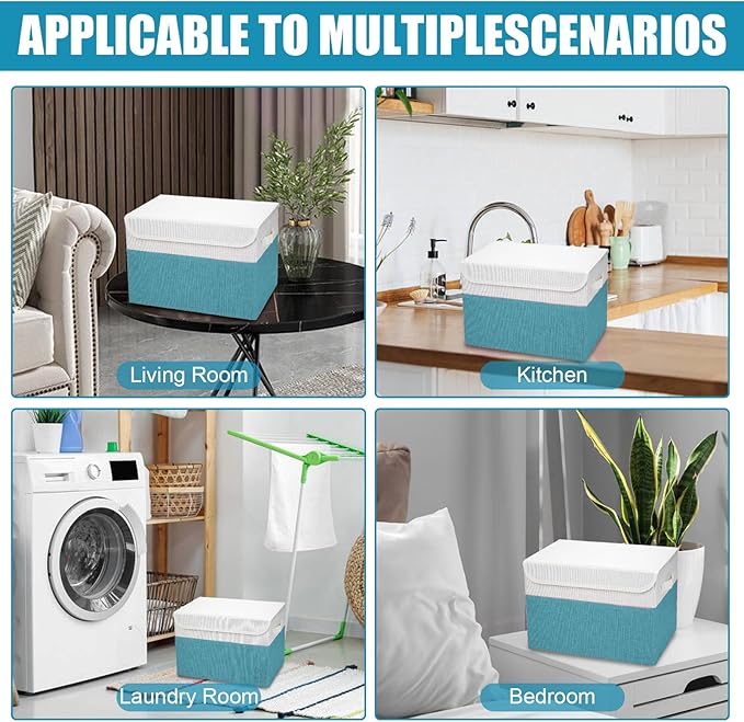 Bagnizer Large 22 Quart Linen Fabric Foldable Storage Bin Cube Organizer Basket with Flip-Top Lid & Handles, Clothes Blanket Box for Home, Office, Closet, Teal & White, 4 Pack 14.6 x 9.5 x 9.5