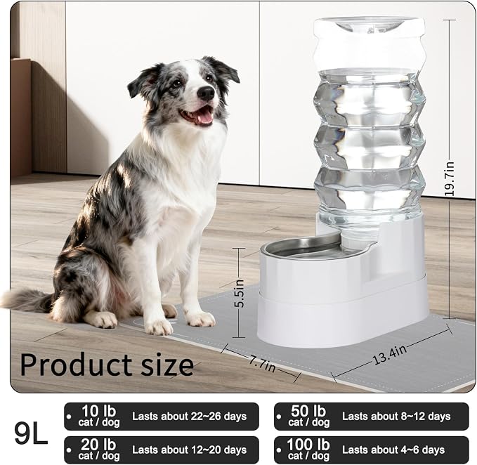 RIZZARI 9L Elevated Dog Water Dispenser: Large Capacity Wide Mouth | Filtered Hydration Design/Senior & Large Dogs / Dishwasher Safe Stainless Steel Bowl /Anti Splash Base/ Multi Pet Homes