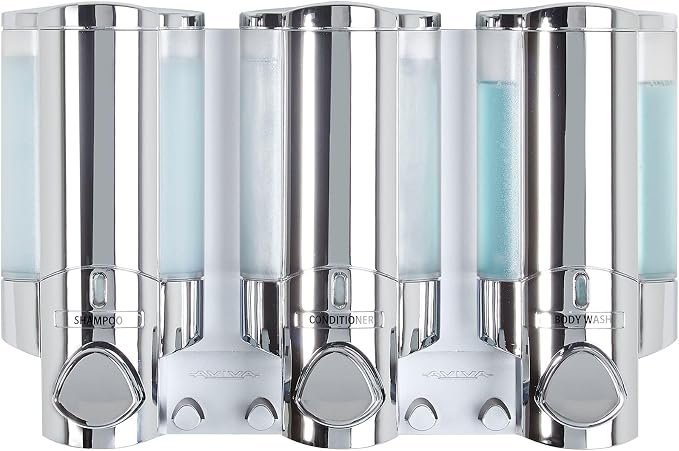 Better Living Aviva Wall Mount Shower Dispenser, 3 x 11oz, Chrome | 3 Chamber, Wall Mount Shower Soap Pump Dispenser, Built-in Hooks, No Drill, Waterproof Shampoo Soap Dispenser
