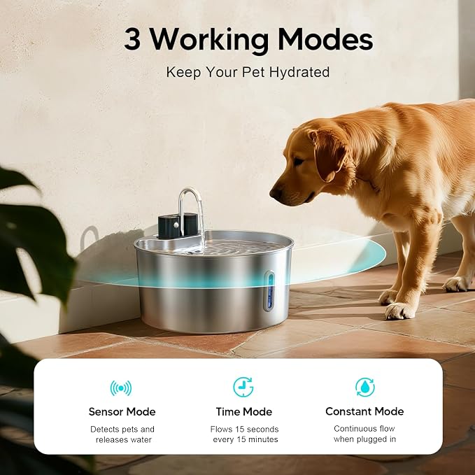 Voluas 7L Wireless Dog Water Fountain with 3 Filters, Stainless Steel | cordless Design, 236oz capacity, 4-layer filtration, ultra-quiet pump, water level window, easy clean for large dogs