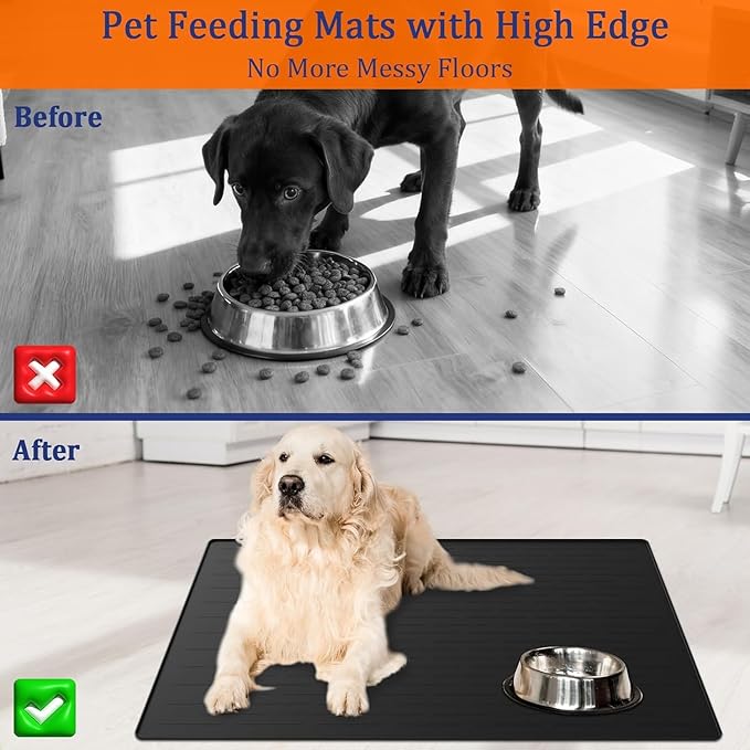 XXXXL Largest Pet Food Mat, 51.2"x25.6"(130cmx65cm) Silicone Dog Mats for Food and Water, Nonslip Pet Feeding Mats for Floors,Dog Cat Bowl Mat with Raised Edges, Dark Gray