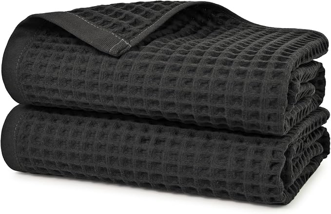 Jacquotha Waffle Bath Towels 2-Piece (Dark Grey) - Cotton, Soft, Quick Dry | 31” x 62” Large Bath Towel for Bathroom, Shower, Spa