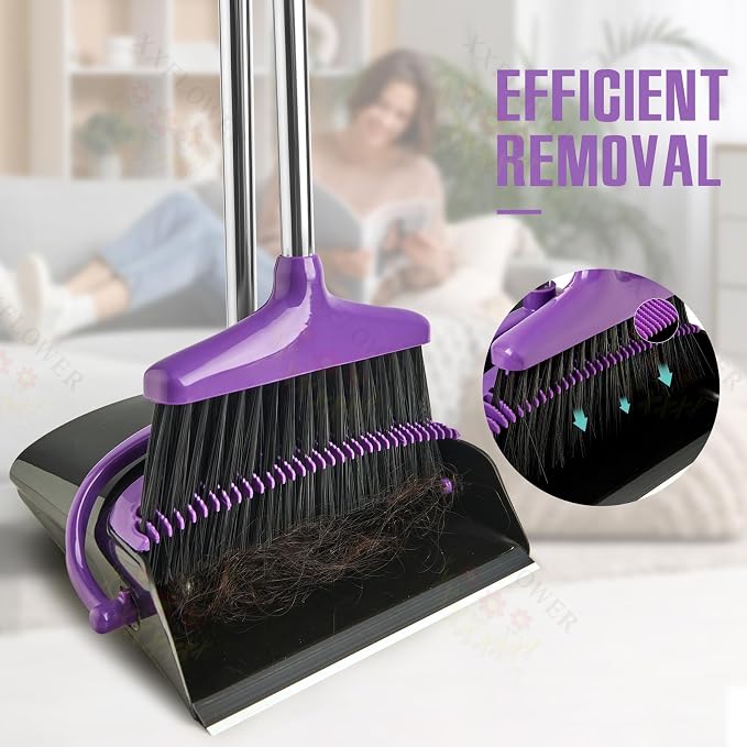 Broom and Dustpan Set with Long Handle, Light Weight Stainless Steel Poles Stand Upright Dustpans with Broom Combo for Home Kitchen Office Pet Dog Hair, 1-Pack (Purple)