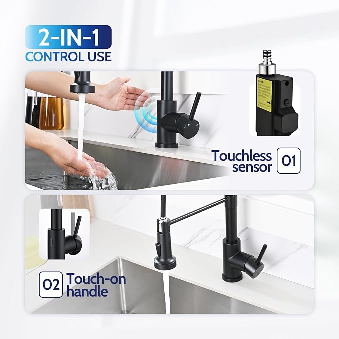 LUFEIDRA Touchless Kitchen Faucet with Pull Down Sprayer-Black Kitchen Faucet with Side Motion Sensor, Smart Hands-Free Spring Kitchen Sink Faucet for Modern Rv Outdoor Laundry Bar Sink, Matte Black