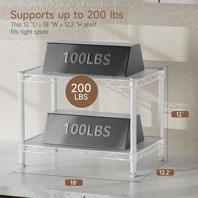Golpart Small 2 Tier Shelves Storage Wire Shelving Unit Metal Shelf Adjustable Organizers Storage Shelving with Wheels for Bathroom Laundry Room Kitchen Pantry11.7”D x 17.7”W x 12.2”H White
