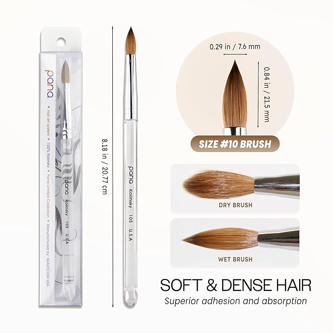 PANA Pure Kolinsky Hair Acrylic Nail Brush - Oval Crimped Shape Silver Ferrule w/Clear Acrylic Handle (Size 10) - Nail Extension Manicure Pedicure Salon Beginner Professional