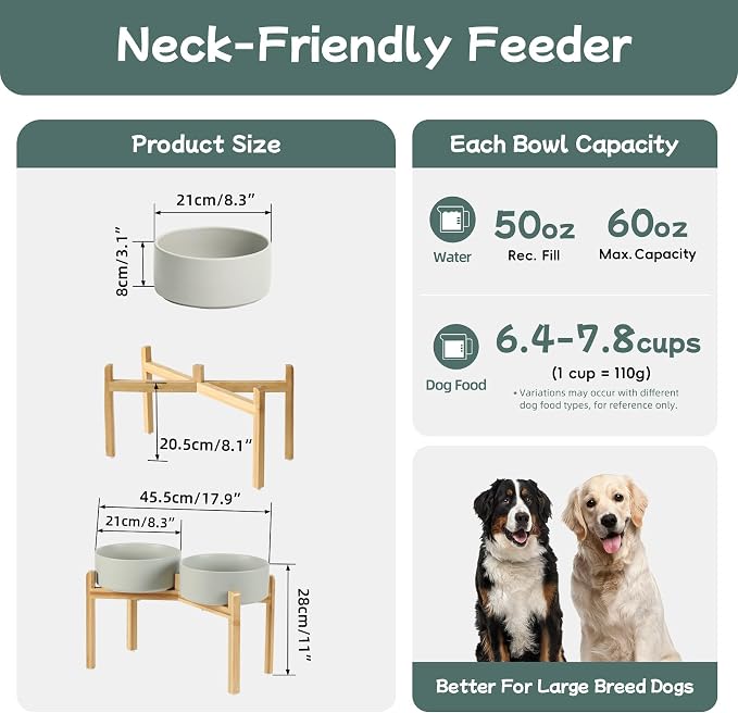 Havniva Dog Bowls Elevated, Ceramic Dog Food and Water Bowl Set | 8.3” Raised Dog Food Bowl, Elevated Dog Bowls with Bamboo Stand, Non-Slip Dog Water Bowl for Large Dog, Large Capacity