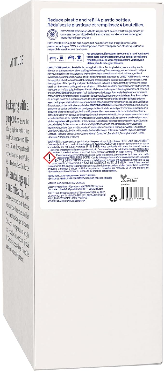 ATTITUDE Liquid Laundry Detergent Refill, EWG Verified, HE Compatible, Plant-Based & Vegan, Natural Laundry Soap, Lavender Scent, 160 Loads, 135.26 Fl Oz