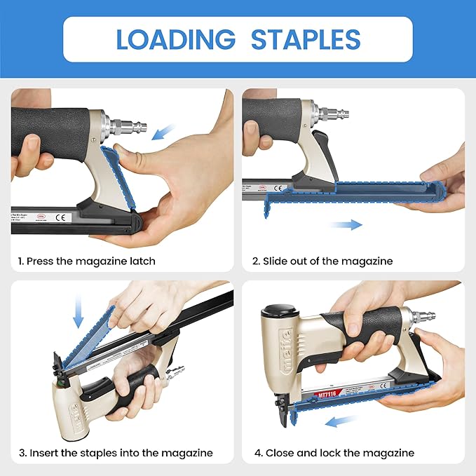 meite MT7116 Pneumatic Staple Gun, 22 Gauge 71 Series 3/8-Inch Crown 1/4-Inch to 5/8-Inch Length Air Upholstery Stapler Gun