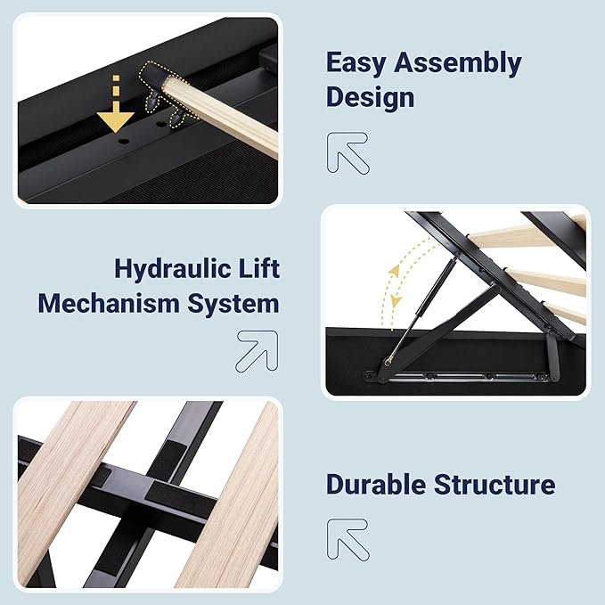 Allewie Full Lift Up Storage Hydraulic Bed Frame,Charging Station,Black | Storage Shelf Headboard with Charging Station,Type-C,USB Ports,Hydraulic Support,Velvet Upholstered,No Box Spring Needed