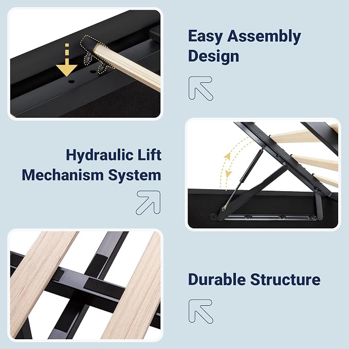 Allewie Queen Lift Up Storage Hydraulic Bed Frame,Charging Station,Black | Storage Shelf Headboard with Charging Station,Type-C,USB Ports,Hydraulic Support,Velvet Upholstered,No Box Spring Needed