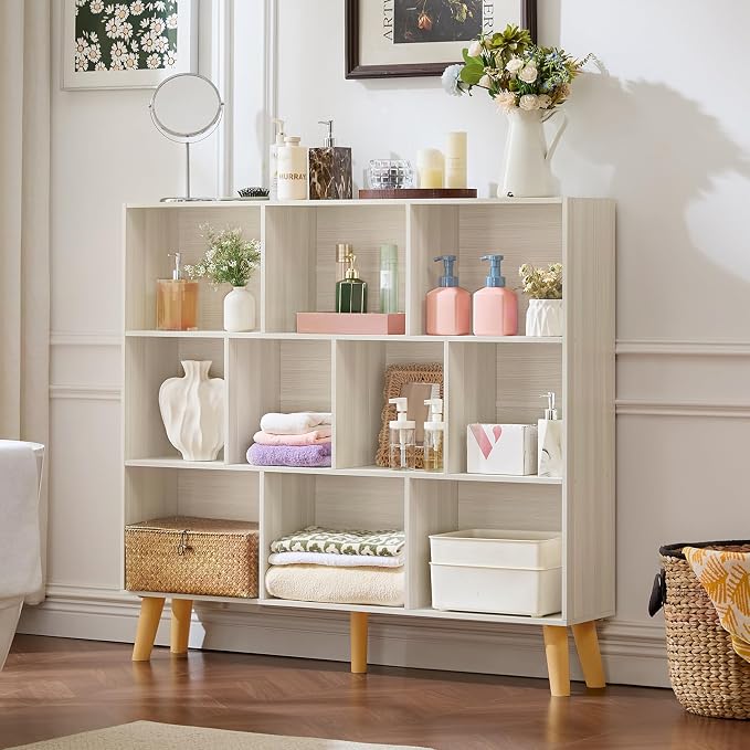 LEYAOYAO 10 Cube Bookshelf,Mid-Century Modern Bookcase with Legs,Light Grey | 3 Tier Book Shelf,Rustic Wood Bookshelves Freestanding Large Storage Organizer, Open Shelves for Bedroom, Living Room, Office