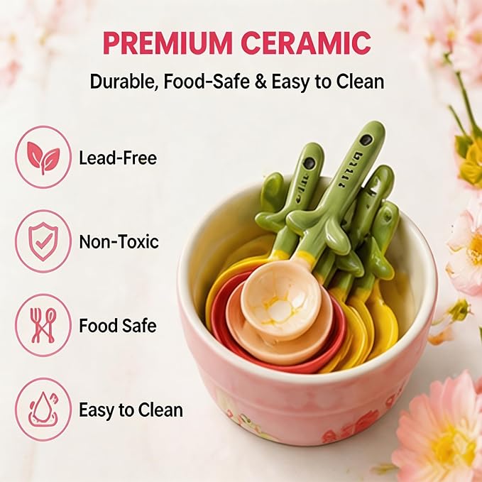 Ceramic Flower Measuring Spoons Set with Flowerpot Base, 2026 Decorative Cute Measuring Cups and Spoons Set with Holder for Dry and Wet Ingredients (Pink+Blue)