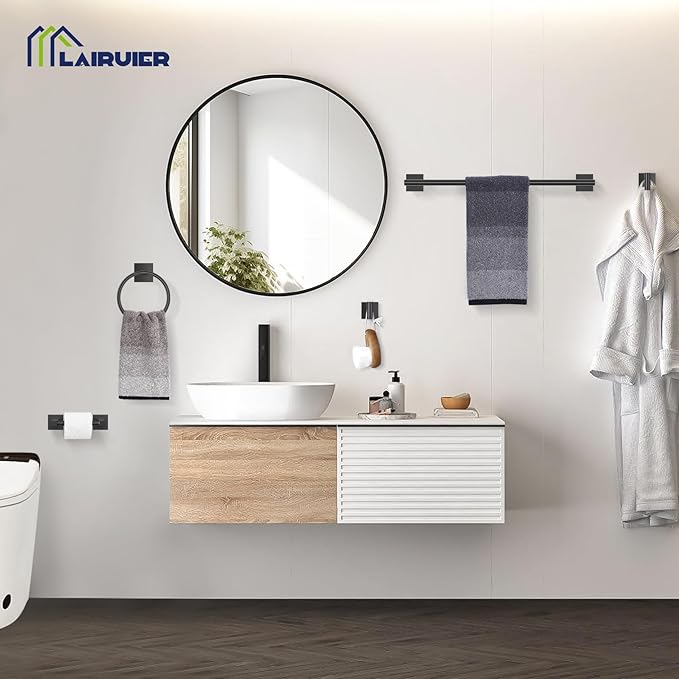 Lairuier 5 Pieces Bathroom Hardware Set Matte Black Towel Bar Set Includes 23.6” Towel Bar, Towel Ring Holder, Toilet Paper Holder and Two Towel Hooks, Bathroom Accessories Set SUS304 Wall Mounted