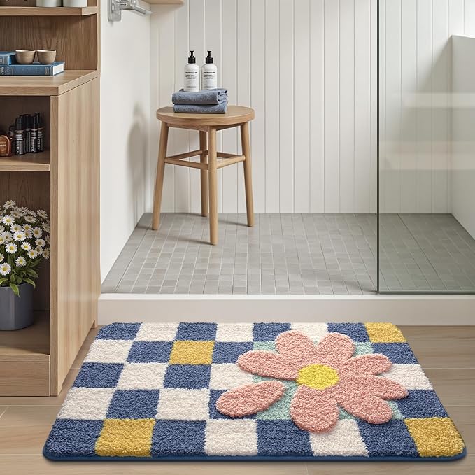 LUMI Bathroom Rug 20x32, Soft Absorbent Microfiber Bath Mats, Machine Washable Bath Rugs with Non-Slip Backing, Checkered Design Floor Mat for Bathroom, Shower and Bathtub Floor, Grid Flower