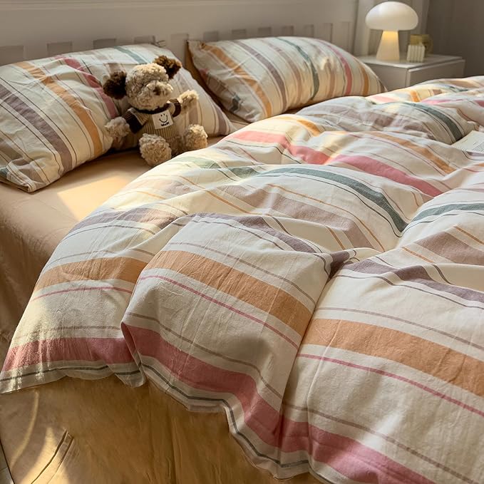 mixinni Vintage Striped Duvet Cover Set Full, 3-Piece 100% Washed Cotton Bedding Set - Soft & Breathable Colorful Comforter Cover with Zipper, All-Season Lightweight Bed Set for Cozy Home